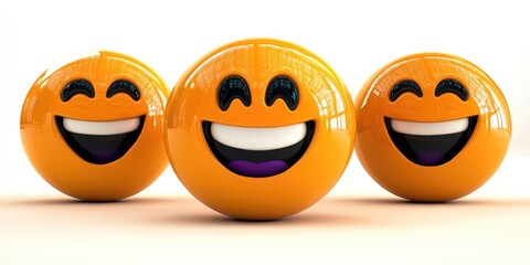 Naklejka premium Three cheerful smiling emoticons display happiness and positivity, with glossy orange surfaces reflecting light in a playful arrangement, perfect for conveying joy and friendship