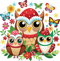 Naklejka premium Cute Cartoon owls with Santa hat, butterflies, heart, glasses, Flower on white background. Vector illustration.
