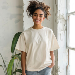 T-shirt mock up of a woman in a cream shirt 