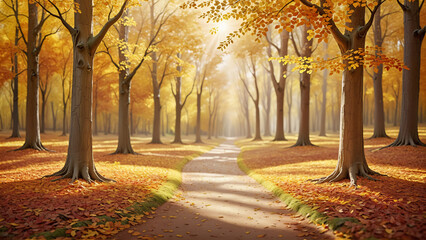 Naklejka premium Park trail in autumn sunlight, warm colors, late day