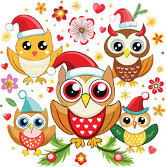 Fototapeta premium Cute Cartoon owls with Santa hat, butterflies, heart, glasses, Flower on white background. Vector illustration.