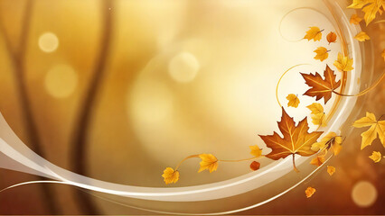 Autumn-themed postcard, leaves and swirling shapes