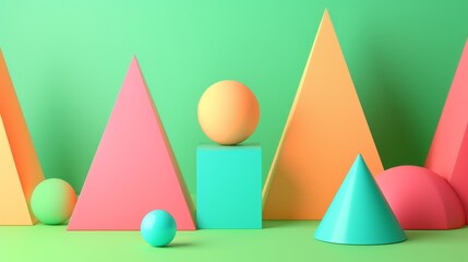 A vibrant arrangement of colorful geometric shapes, including cones, spheres, and pyramids, displayed on a pastel green background. The playful composition and bright colors create a cheerful and