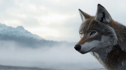 Naklejka premium Lone Wolf in a Misty Mountain Landscape