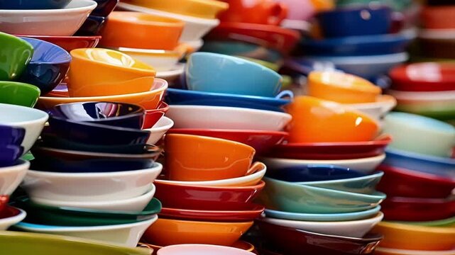 Chaotic pile of ceramic tableware in many different colors, shapes and sizes. The tableware is stacked on top of each other, forming a tower of dishes