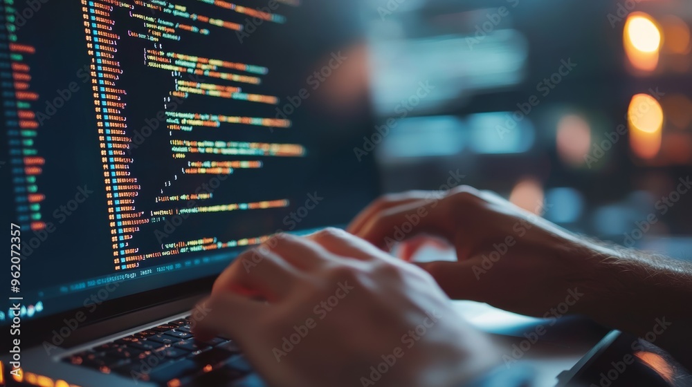 Poster Hands typing code on a laptop in a bright environment with colorful code on the screen, representing software development.