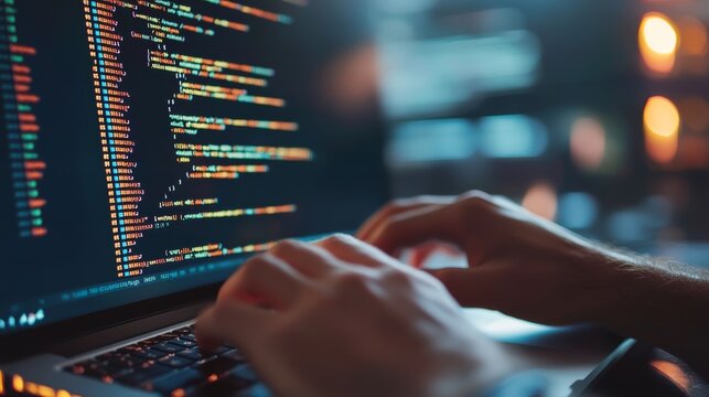 Hands typing code on a laptop in a bright environment with colorful code on the screen, representing software development.