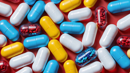 Assorted pills on dark red background