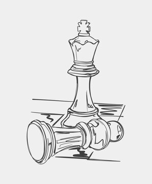 recommend clip art: Line drawing of a chess king standing while a fallen king lies on its side, symbolizing victory and strategy.
