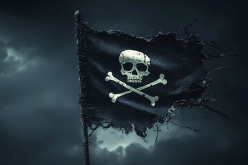 a pirate flag flutters against a dark sky