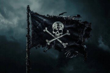 a pirate flag flutters against a dark sky