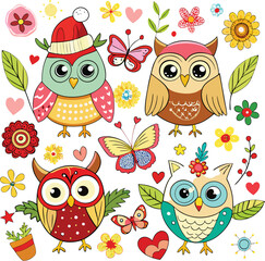 Naklejka premium Cute Cartoon owls with Santa hat, butterflies, heart, glasses, Flower on white background. Vector illustration.
