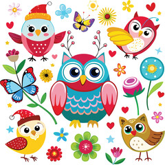 Naklejka premium Cute Cartoon owls with Santa hat, butterflies, heart, glasses, Flower on white background. Vector illustration.