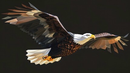 Obraz premium A geometric, polygonal illustration of an eagle in flight, against a black background.