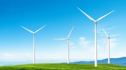 Fototapeta premium A photostock image of wind turbines generating green energy with a scenic backdrop, perfect for eco-friendly energy designs