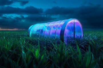 Obraz premium A solar-powered, futuristic greenhouse on the edge of a large wheat field, glowing at dusk