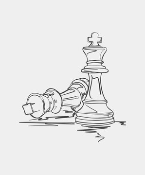 recommend clip art: Line drawing of a chess king standing while a fallen king lies on its side, symbolizing victory and strategy.
