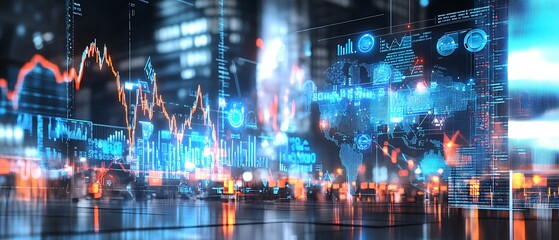 Fototapeta premium Night cityscape with glowing blue and orange tech elements, network lines, data, and economy theme