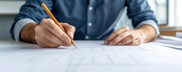 Naklejka premium Architect sketching on large blueprints, detailed hand and pen, professional design process, soft sunlight in modern office, creative technical work, precise planning
