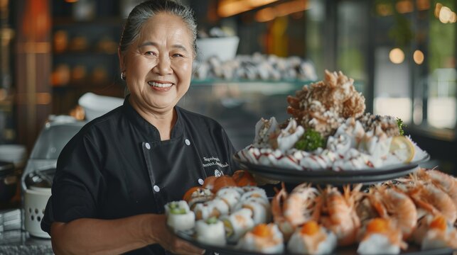 Proud chef showcases gourmet cuisine on serving cart at upscale thai dining establishment