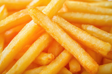 A tempting close-up view of golden, crispy fried potato fries, perfect for food-related content, advertisements, and culinary blogs. Captures the essence of deliciousness.