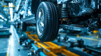 Fototapeta premium Car Tire And Suspension System Close-Up In A Factory Setting
