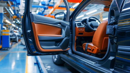 Open Car Door On Factory Assembly Line, Revealing Interior Details.  New Car Manufacturing Process.