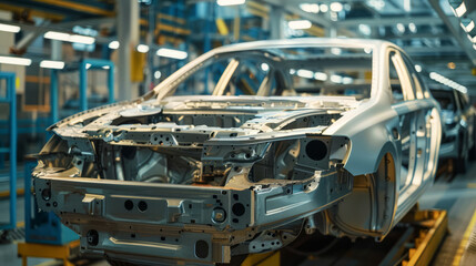 Fototapeta premium Car Body On Assembly Line. Unpainted, Metal Frame. Automotive Manufacturing Process. Close-Up.