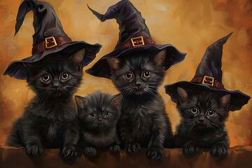 Four adorable black kittens in witch hats, whimsical Halloween illustration