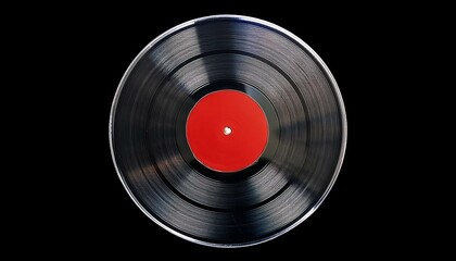A classic black vinyl record with a red label. The record is isolated on a black background. Perfect for music, nostalgia, and retro concepts.