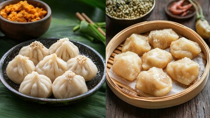 Modaka is a sweet dumpling Which is a traditional offering and a temple in Ganesh Chaturthi festival. Left: Steamed patties. Right: Frying