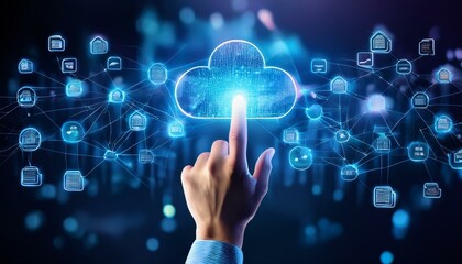 A finger triggers a cascade of holographic data icons, visualizing cloud computing's expansive network.