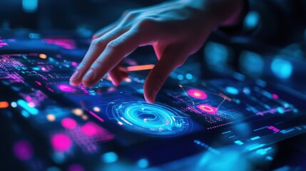 Obraz premium Blue and multi-colored smart device interacting with a futuristic digital environment