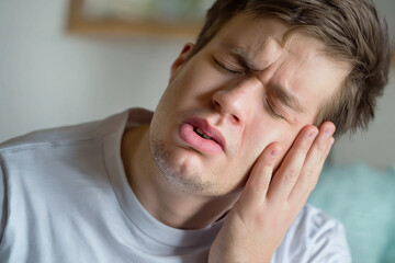 Fototapeta premium A man holds his tooth and has a toothache. Dental treatment at the dentist