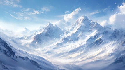 A breathtaking view of snow-capped mountain peaks under a clear blue sky with wispy clouds.