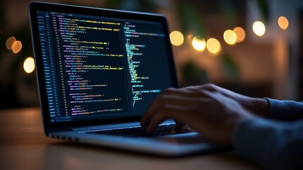 Close-up of hands typing code on a laptop with programming lines on the screen. Concept of software development and coding.