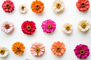  a circular arrangement of colorful zinnia flowers on a clean white background