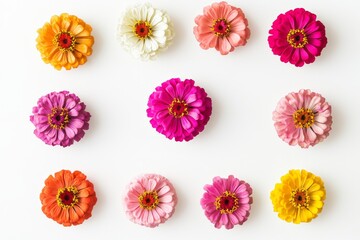  a circular arrangement of colorful zinnia flowers on a clean white background