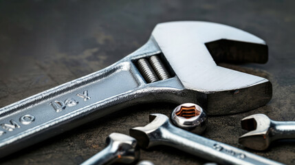 Close-Up Of An Adjustable Wrench On A Textured Surface With Other Tools In The Background.