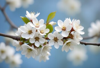 Obraz premium Beautiful spring Bradford pear tree blossoms against a blurred peaceful blue background.