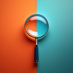 A magnifying glass lies on a blue and orange background. The glass is tilted, and the handle is visible. The image is minimalist and colorful.