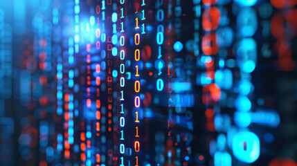 Abstract Binary Code Background With Blue And Red Bokeh. Technology, Digital, Data, Coding, Futuristic, Abstract.