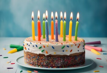 Colorful birthday cake with candles.