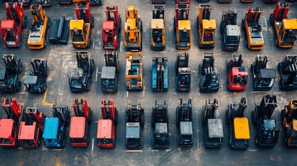 Lots of colorful different types of forklifts