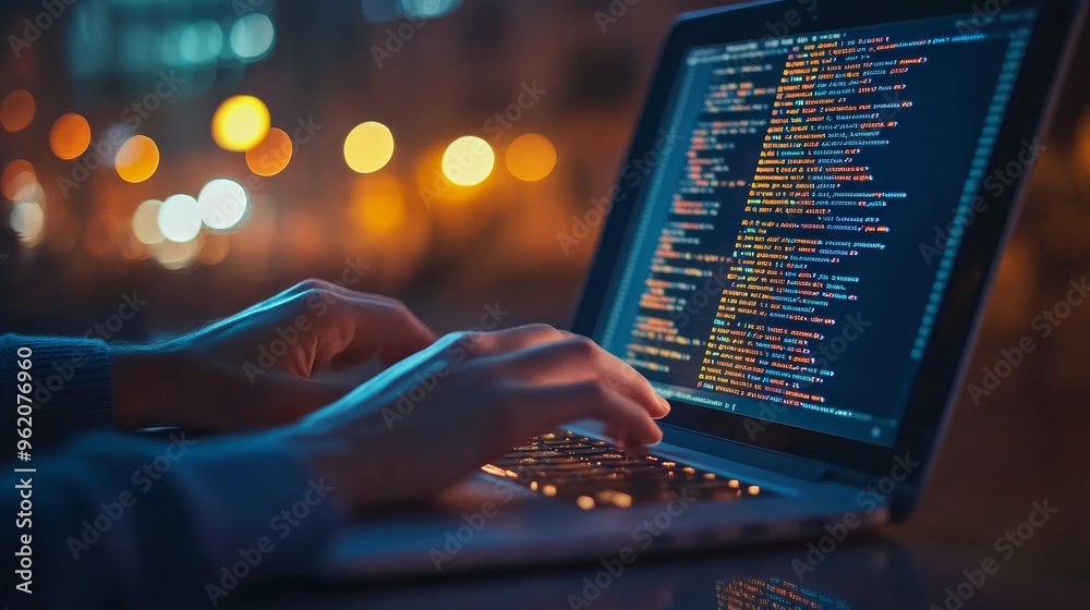 Aufkleber Hands coding on a laptop at night with city lights in the background, focusing on programming and development.
