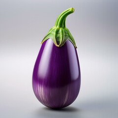A single, ripe eggplant with a smooth, glossy purple skin and a green stem.