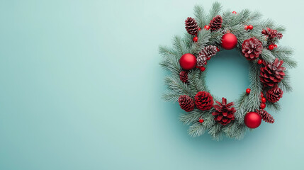Christmas Wreath bright red decorations light blue background 