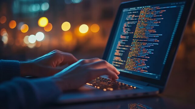 Hands coding on a laptop at night with city lights in the background, focusing on programming and development.