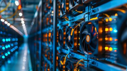 Close-Up Of A Server Rack With Glowing Lights And Fans. High-Performance Computing In Action. Network Infrastructure, Data Center.