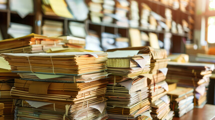 A large stack of old books and documents sits on a desk. a bookshelf filled with more books is in the background. the image represents the importance of knowledge and the legacy of information.